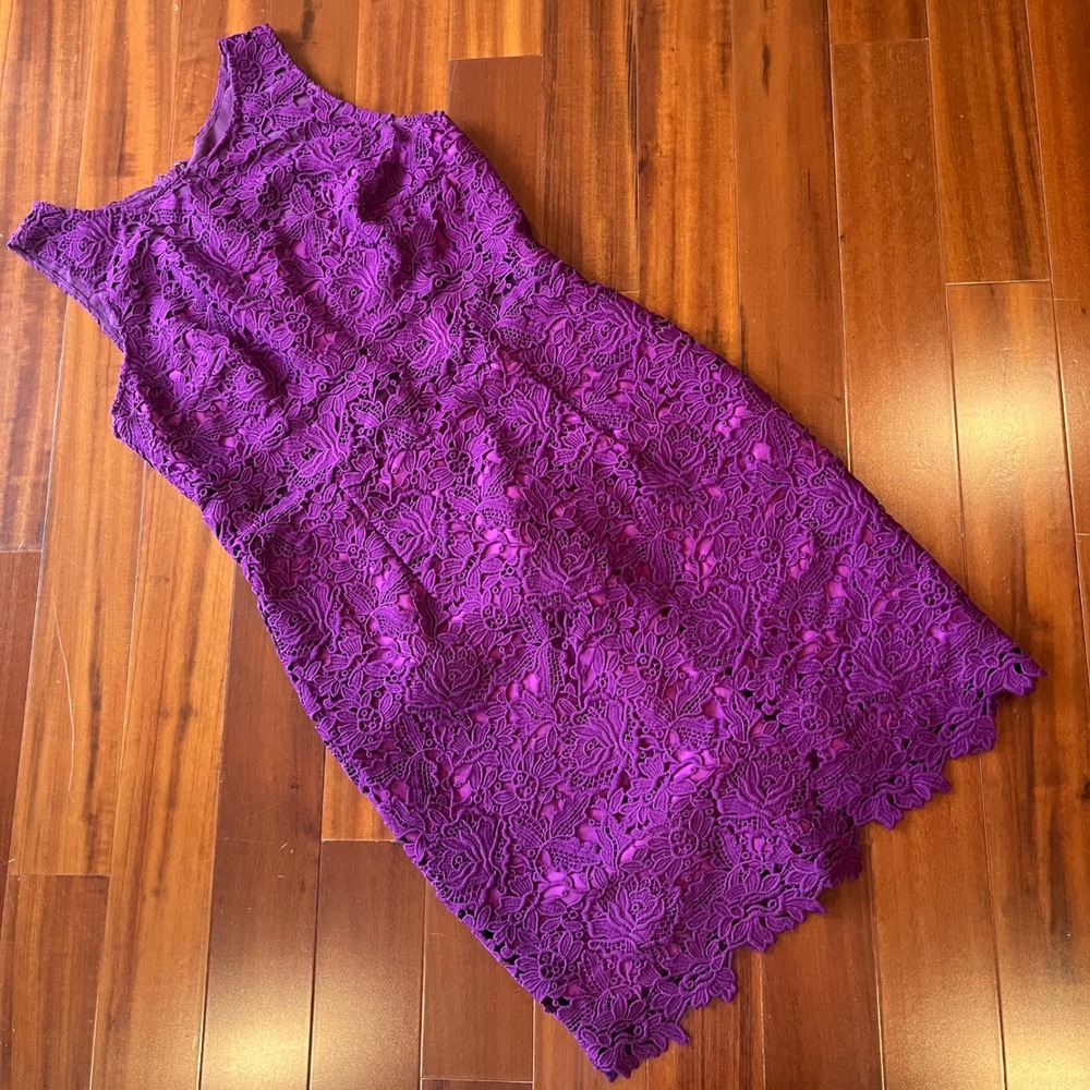 Monique Lhuillier Lace Dress Purple Floral Sheath Sleeveless Party Cocktail 12
